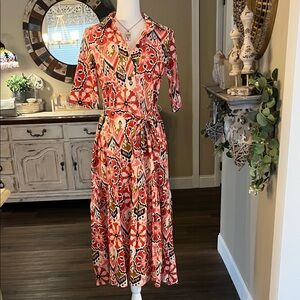 Zara Red and Pink Patterned Midi Dress
